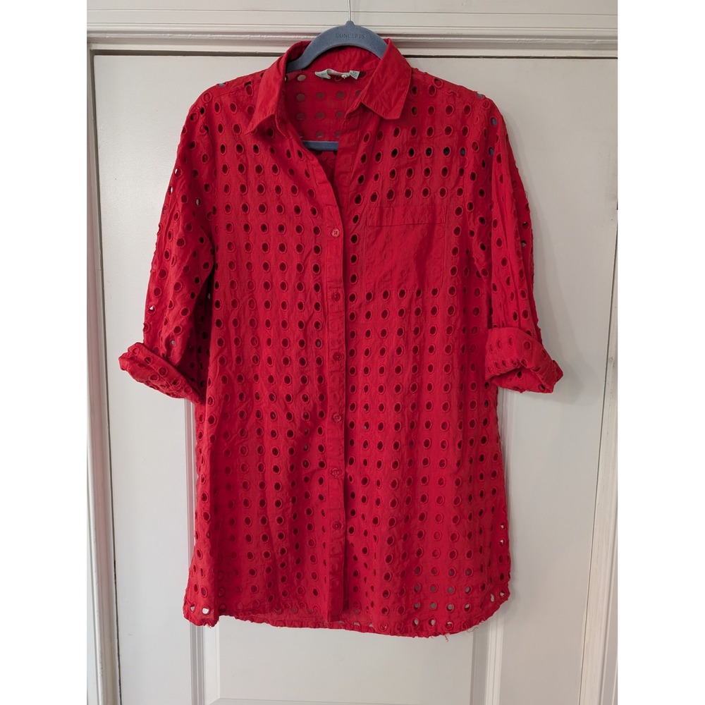 True Destinations Womens Red Eyelet Cotton Button Down Shirt XS beachy resort